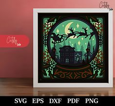 a paper cut christmas scene with santa and reindeers in the night sky, surrounded by holly