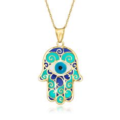 Ross-Simons - Blue Enamel Hamsa Pendant Necklace in 14kt Yellow Gold. 18". Offering happiness, good fortune, peace and protection, this stylish Hamsa is detailed in double-sided blue enamel with scrolls of polished 14kt yellow gold. Suspends from a cable chain. Wear this beauty whenever your mood needs a boost! Springring clasp, Hamsa pendant necklace. Symbolic Blue 14k Gold Jewelry, Blue Hallmarked Amulet Necklaces, Blue Amulet Necklace For Good Luck, Blue Hallmarked Spiritual Necklaces, Hamsa Pendant, Fine Jewelery, Hamsa Hand, Good Fortune, Fine Jewellery Necklace