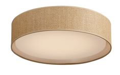 a round light fixture with a beige shade