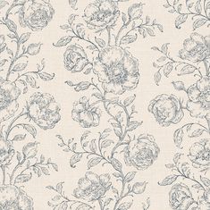 a blue and white floral wallpaper with large flowers on the side, in an old - fashioned style