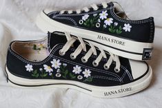 I love my embroidery work, and I want to spread the love to everyone, hope that my products will be well received by everyone.  The products you receive include converse shoes and embroidery as shown in the picture.  I am happy to receive your custom ideas.  Send them ideas to me, we can discuss and embroider them on shoes, If you have any problems, please contact me via Esty.  Thank you Shoe Embroidery Ideas, Sneakers Embroidery, Amber Bedroom, Sneaker Embroidery, Handfasting Ideas, Embroidered Sneakers, Painted Shoes Diy, Bridal Sneakers, Embroidered Converse