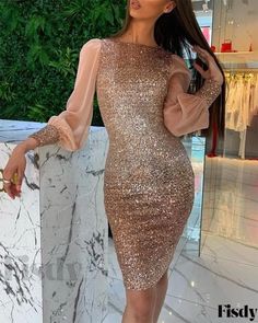 Fisdy - Exquisite Lantern Sleeve Mesh Bodycon Sequins Dress Sequins Dress, Gold Sequin Dress, Sequin Party, Mesh Bodycon Dress, Sequin Bodycon Dress, Sequin Party Dress, Bodycon Dress Parties, Beirut, Western Dresses