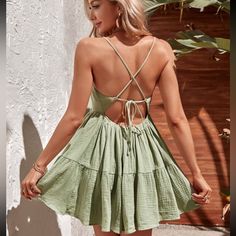 Brand New Never Worn! Senior Pictures Outfits Summer, Green Beach Dress, Summer Dress Shein, Open Back Summer Dress, Summer Vacation Clothes, Backless Summer Dress, Beach Dresses Short, Boho Mini Dress, Shein Dress