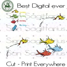 the dr seuss book is shown in three different colors and features pictures of fish