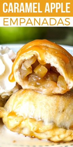 some food is sitting on a plate with the words caramel apple empanadas