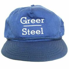 Vintage Greer Steel Cold Rolled Steel Hat Rope Spell Out Script Bar Logo Made In USA Strap Back Trucker Baseball Cap BUY IT NOW! Please feel free to ask any questions you have about this item, I am here to make sure you are happy with your purchase. #HAT28 Vintage Six-panel Baseball Cap For Streetwear, Vintage Blue Trucker Hat, Vintage Adjustable Trucker Hat, Vintage Flat Bill Baseball Cap, Vintage Adjustable Baseball Cap, Vintage Adjustable Snapback Cap, Vintage One Size Fits Most Baseball Cap, Vintage Six-panel Trucker Hat For Streetwear, Vintage 5-panel Trucker Hat For Streetwear