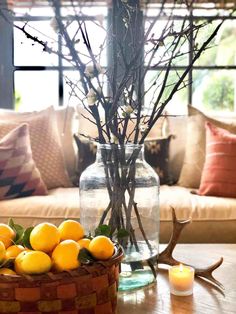 a vase filled with lemons sitting on top of a table next to a deer antler