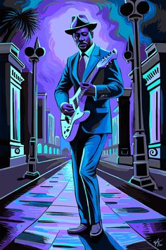 a painting of a man in a suit and hat playing an electric guitar on the street