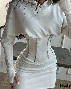 Fisdy - Hooded Sweatshirt Dress with Long Sleeve Corset Design Long Sleeve Corset, Hooded Sweatshirt Dress, Bodycon Casual, Corset Mini Dress, Mode Inspo, Looks Style, Sweatshirt Dress, Hoodie Dress, Long Sleeve Casual