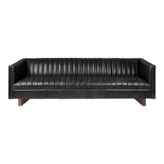 a black leather couch with wooden legs