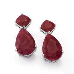 Ross-Simons - 26.50 ct. t. w. Opaque Ruby Drop Earrings in Sterling Silver. An RS exclusive. These spicy 26.50 ct. t. w. opaque ruby earrings have such personality and passion! Pear-shaped dangles swing from square toppers to marvelous effect. Set in sterling silver, the opaque pair wows with deep, rich color. Hanging length is 1 1/8". Post/clutch, ruby drop earrings. Ruby birthstones are the perfect gift for July birthdays. Classic Ruby Earrings For Formal Occasions, Formal Ruby Gemstone Earrings, Ruby Drop Earrings, Emerald Earrings Drop, Ruby Birthstone, Ruby Beads, Ruby Earrings, Station Necklace, Drop Necklace