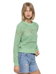 100% Cotton in 7-gauge knit Model is wearing size Small Hand Wash Cold or Dry Clean Only Unit (inch) XS S M L Body length 21 1/2 22 22 1/2 23 Shoulder 13 3/4 14 3/4 15 3/4 16 3/4 Chest 15 3/4 16 3/4 17 3/4 18 3/4 Sleeve length 22 1/2 23 23 1/2 24 Green Textured Knit Top For Spring, Spring Green Textured Knit Top, Trendy Open Knit Sweater For Spring, Green Pointelle Knit Top For Spring, Pointelle Knit Sweater For Spring, Fitted Soft Knit Sweater For Spring, Casual Green Pointelle Knit Sweater, Casual Fitted Pointelle Knit Sweater, Fitted Casual Spring Sweater