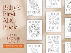 the baby's first abc book is shown in black and white