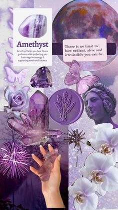 a collage with flowers, butterflies and other things in purple tones on the page