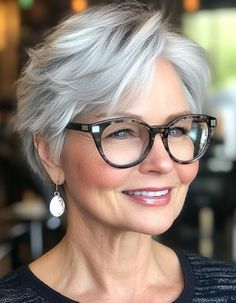 30 Pixie Haircuts For Women Over 60 with Glasses Glasses For Women With Gray Hair, Eyeglasses For Women Over 60 Gray Hair, Bobs With Glasses, Pixie Haircut Glasses, Knotless Braids Parts, Short Grey Hair Over 60 With Glasses, Short Hair Over 60 With Glasses, Gray Pixie Haircut Over 50, Pixie With Glasses