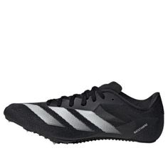 the adidas running shoe is black and white with silver stripes on the upper part