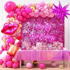 a birthday party with pink and gold balloons, lips, lipstick, stars and decorations