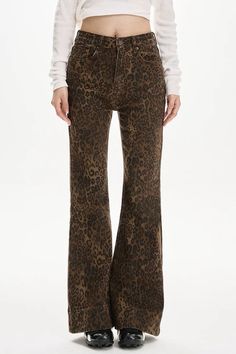 Aesthetic high-waisted flare jeans with an all-over leopard print. Made from denim with a slightly flared leg and classic five-pocket design Fairy Aesthetic Clothes, Softgirl Outfits, Aesthetic Plaid, Aesthetic Sweaters, Y2k Mini Skirt