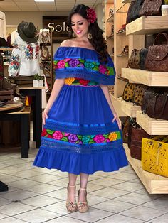 This Beautiful Off the Shoulder Mexican Dress has lace details throughout the dress. It's comfortable with elastic around the shoulder and waist, made out of cotton and is full of vibrant colors. Please note: You have the option of purchasing the dress with one of the two belt options shown for a special price or purchasing the dress on its own. Mexican Inspired Prom Dress, Mexican Fiesta Dresses For Women, Salvadorian Dress, Traditional Mexican Dresses, Traditional Mexican Dress For Women, Mexican Party Outfit Women, Mexican Attire Women, Mexican Dress Outfit, Hispanic Dresses