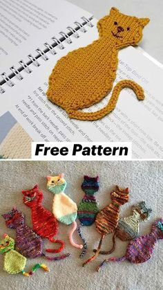 crocheted cats and kittens are laying on the floor next to an open book