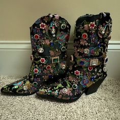 Brand New- Never Worn! Embellished Festival Boots For Fall, Black Rhinestone Boots For Spring, Spring Embellished Boots With Round Toe, Black Spring Festival Boots, Black Embellished Spring Boots, Spring Black Embellished Boots, Bedazzled Boots, Art Hats, Free People Boots