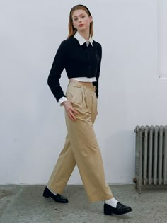 Editor's NotesROLAROLA's cotton two tuck pants with a soft texture and unique mood of ROLAROLA. The pants is comfortable and perfect for classic outfits.- Cotton two tuck pants - Cotton pants with a wide fit- Two tuck detail on the front- Gold button detail- Comfortable pants for versatile styling- Creates a casual moodMeasurements (inch)S/M- Length: 40.9/41.5 inch- Waist: 26.7/28.3 inch- Hip: 38.6/40.15 inch- Thigh: 26/26 inch- Hem: 18.8/18.8 inch- Front rise: 11.8/12.2 inch- Bac Pants And Button Down Women, Cream Cotton Wide Leg Pants For Fall, Fall Cream Wide Leg Cotton Pants, Beige Chinos For Fall, Fall Beige Chinos Trousers, Beige Ankle-length Chinos For Work, Classic Beige Ankle-length Chinos, Beige High-waisted Cotton Chinos, Chic Beige Chinos For Work