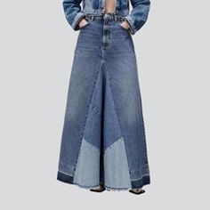 Spring Patchwork Full-length Jeans, High Rise Patchwork Flare Jeans, High Waist Patchwork Flare Jeans, Fall Patchwork Flare Jeans, Fall Patchwork Flare Denim Jeans, Fall Patchwork Denim Flare Jeans, High-waist Denim Blue Patchwork Skirt, Medium Wash High Rise Patchwork Bottoms, Denim Patchwork Skirt For Fall