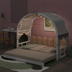 a bed with lights on the headboard and foot board is in a room that has pink walls