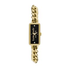 Step up your wrist game with this ladies' Kate Spade Rosedale gold-toned bracelet watch. Black dial, gold-toned hands, cubic zirconia accent markers 32.0mm rectangular gold-toned ion-plated stainless steel case with mineral crystal Japanese quartz movement Gold-toned stainless steel curb-link bracelet with a fold-over clasp Water resistant to 30 meters We are an authorized Kate Spade dealer Kate Spade Watch, Wrist Game, Gold Alloys, Women's Watch, Steel Chain, Chain Link Bracelet, Kate Spade New York, Stainless Steel Bracelet, Quartz Movement