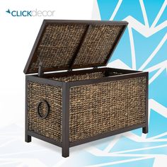 an open wicker chest with the lid closed on it's sides, against a blue and white background