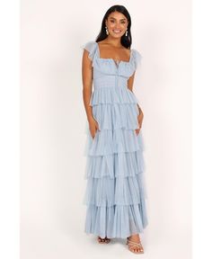 in stock Blue Ruffled Maxi Dress For Date Night, Blue Spring Dress, Ruffle Tulle Skirt, Glitter Prom Dresses, Solid Midi Dress, Tulle Midi Dress, Tulle Maxi Dress, Marine Uniform, Short Summer Dresses