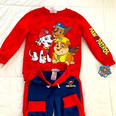 Paw Patrol Sweatsuit. Brand New. Multicolor Long Sleeve Playwear Sets, Long Sleeve Character Print Playtime Sets, Red Cotton Sets With Character Print, Blue Long Sleeve Onesie With Cartoon Print, Fitted Cartoon Print Sets For Playwear, Red Cartoon Print Sets For Playtime, Red Character Print Loungewear Sets, Blue Character Print Long Sleeve Sets, Playful Blue School Sets