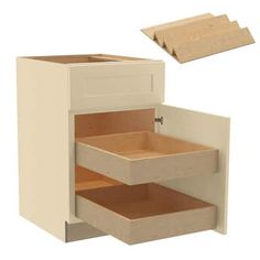 an open cabinet with two drawers on the bottom and one drawer in the middle that is closed