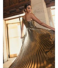 Mac Duggal Metallic Pleated One Shoulder Sleeveless Faux Wrap Ruffle Hem High Low Gown | Dillard's Pleated Fabric Lehenga, Metallic Dresses Long, Pleated Formal Dress, Glam Dinner Party, Metallic Gown, Bronze Dress, You're So Golden, Metallic Gold Dress, High Low Gown