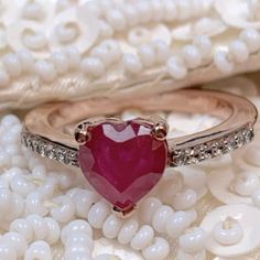 Genuine Niassa Ruby And Cambodian Zircon* Heart Ring. Set In Vermeil Rose Gold Over .9.25 Sterling Silver. Size 6 (Great Pinkie Ring). Approx. Gem Weight Is 1.88 Carats. Comes New In Box For Safekeeping And Gift Giving. Nwt *Zircon Is A Natural Earth-Mined Gemstone And Not To Be Confused With The Man-Made "Cz" Or Cubic Zirconia Pink Ruby Ring For Valentine's Day, Red Heart Cut Ring, Pinkie Ring, Ruby Heart, Natural Earth, Heart Jewelry, Womens Jewelry Rings, Ring Set, Lady In Red