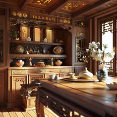 a wooden table sitting in front of a shelf filled with vases and bowls on top of it