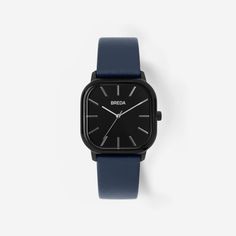 Visser | Square Cased Watch | Men's Watches | BREDA Watch Minimalist Artist, Black Plates, Navy Leather, Men's Watches, Square Watch, Watch Movement, Leather Band, Rounded Corners, Quartz Movement