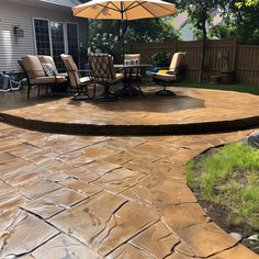 a patio with chairs and an umbrella over it