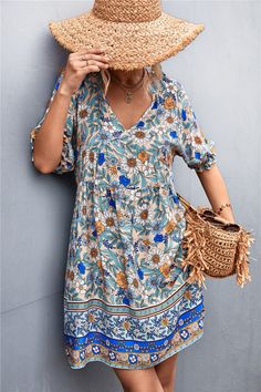 Women's Bohemian Dress V-Neck Floral Print Boho Beach Mini Dress Multicolor Short Sleeve V-neck Dress For Vacation, Multicolor Floral Print V-neck Dress For The Beach, Boho Sundress With V-neck For Vacation, Printed V-neck Boho Dress For Festivals, Bohemian Multicolor V-neck Dress With Short Sleeves, Multicolor V-neck Boho Dress With Floral Print, Bohemian V-neck Dress For Vacation, Bohemian V-neck Boho Dress For Vacation, Flowy V-neck Summer Dress For Vacation