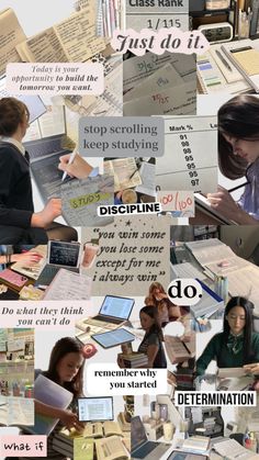 collage of people working on laptops and papers with words above them that say, do not