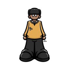 an image of a cartoon character in yellow shirt and black pants with headphones on