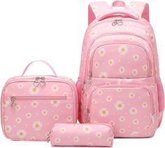 goldwheat Daisy Printed Backpacks With Lunch Pack Pencil Case 3pcs, Lightweight Water Resistant Lunch Kits, Lunch Kit, Backpack Set, Kids School Backpack, Girl Backpacks School, Backpack For Teens, Sac Lunch, Beg Tangan, Childrens Backpacks