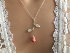 "Pink Necklace, Pink Pendant Necklace, Pink Bridesmaids, Pink Wedding, Pale pink Necklace, Pink Jewelry This dainty Long Stemmed Pink Rose Necklace is an Original Design by Penelope's Porch. Personalized with tiny rose leaf charms that are hand stamped with the initials of your choice. The rose petals are hand enameled in Cobalt Blue. The leaves are hand stamped and plated in 16kt gold or Sterling Silver. The chain is approximately 18\" 16kt gold or Sterling Silver plate. ♥ Please let me know wh Bridesmaids Blue, Bridesmaids Pink, Pink Pendant Necklace, Pink Bridesmaids, Rose Leaf, Pink Pendant, Rose Leaves, Couple Jewelry, Rose Necklace