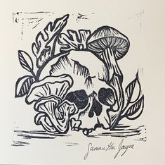 a black and white drawing of mushrooms with leaves