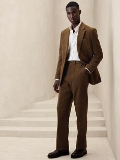 Tweed Officer Pant | Banana Republic Brown Suit Wedding, Wedding Guest Outfit Men, Fall Wedding Attire, Winter Wedding Attire, Herringbone Trousers, Mens Casual Wedding Attire, Brown Tweed Suit, Formal Attire For Men, Cocktail Attire Men