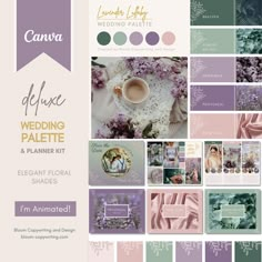 the wedding planner and planner kit is shown in purple, green, and lavender colors