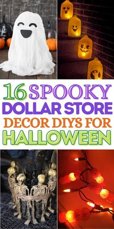 halloween decorations with text that reads 16 spooky dollar store decor diys for halloween