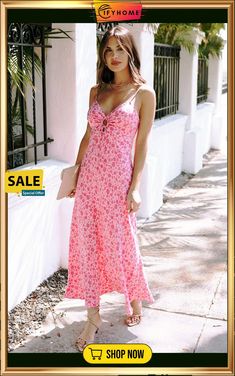 Pink Flower Print Front Cut Out Maxi Dress Chic Ditsy Floral Print Maxi Dress For Spring, Chic Spring Ditsy Floral Dress, Chic Floral Print Sundress For Spring, Chic Spring Floral Dress With Ditsy Print, Elegant Ditsy Floral Print Dress For Vacation, Elegant Floral Dress With Ditsy Print For Vacation, Pink Ditsy Floral Print Dress For Vacation, Pink Floral Dress For Vacation, Pink Ditsy Floral Print Sundress For Spring