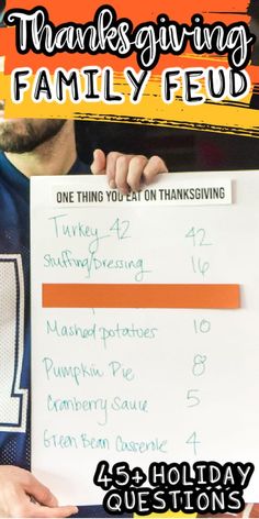 a man holding up a sign that says thanksgiving family feed with the caption above it