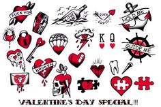 valentine's day special tattoo stickers on a white background with red and black designs